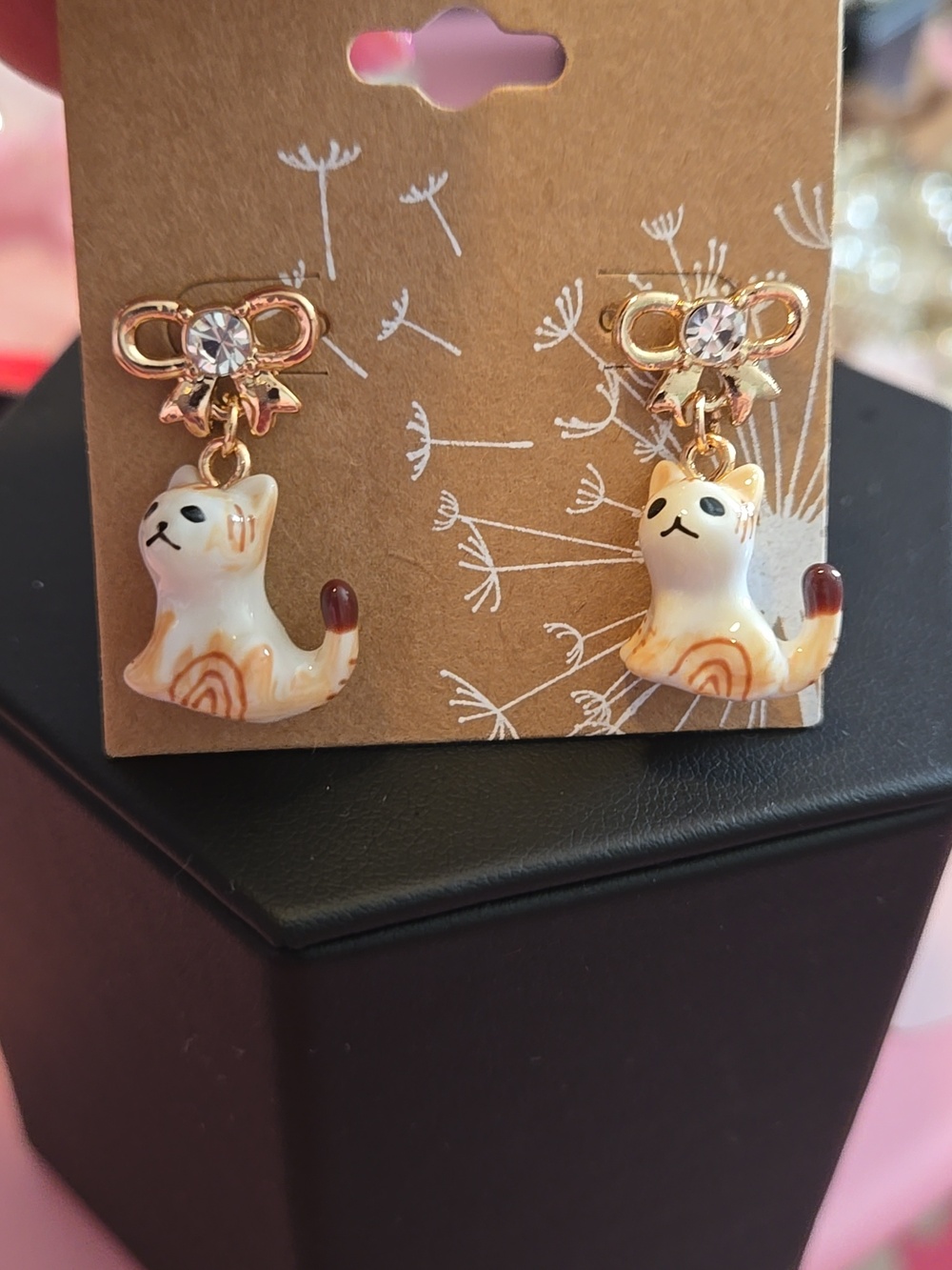 Cute White Cat Drop Earrings with Gold Accents